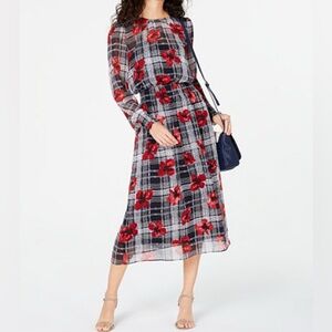 TOMMY HILFIGER Red Navy Blue White Floral Long Sleeve Midi Dress w Smocked Waist